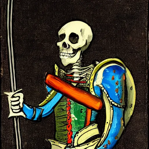 Prompt: skeleton in a colourful landsknechts uniform, wielding a sword, rennaissance painting