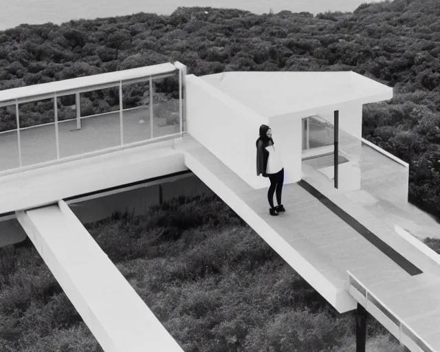 Image similar to a still of a young woman standing on a huge concrete white deck, high above the ground, of a minimalist beach house, outside view, low angle, clear sky and background, in the music video Wrapped Around your Finger (1983)