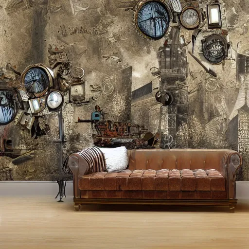 Prompt: A room with steampunk furniture, wallpaper on the walls, highly detailed, high definition, sharp focus,