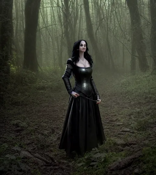 Image similar to 5 5 mm portrait photo of krysten ritter as yennefer of vengerberg in black leather armor and black hair, in a forest. magical atmosphere. art by greg rutkowski. lifelike. very detailed 8 k. intricate. soft light. nikon d 8 5 0.