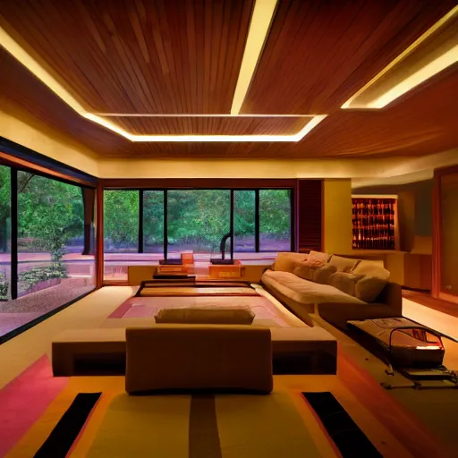 Prompt: photo realistic image of house designed by frank lloyd wright, cinematic lighting, high detail