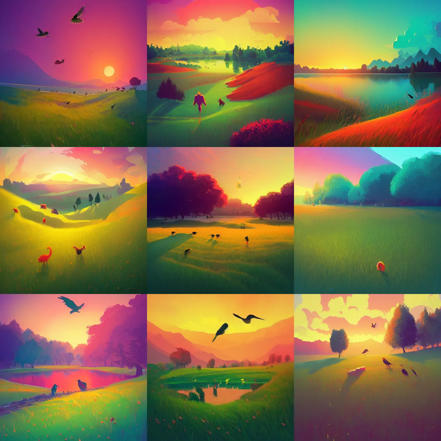 Prompt: a beautiful grassy meadow at sunset, birds, lake, by anton fadeev, digital art, concept art, vibrant, colorful, trending on artstation