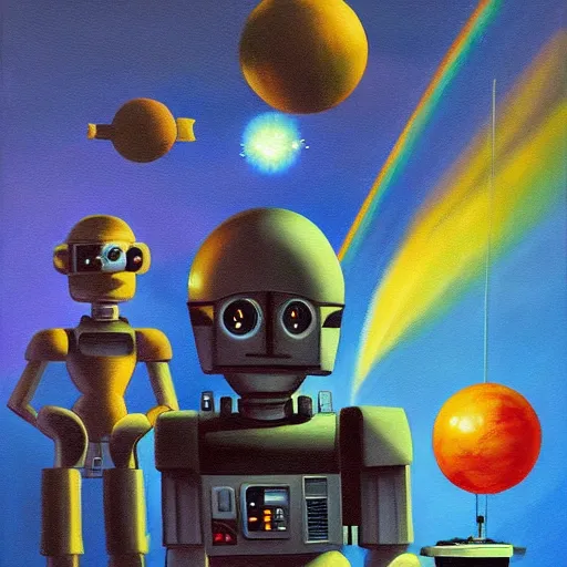 Image similar to a painting by ralph mcquarrie of floating molecules and a robot artist holding an icosahedron with stars, clouds, and rainbows in the background, trending on artstation, masterpiece, incredible details