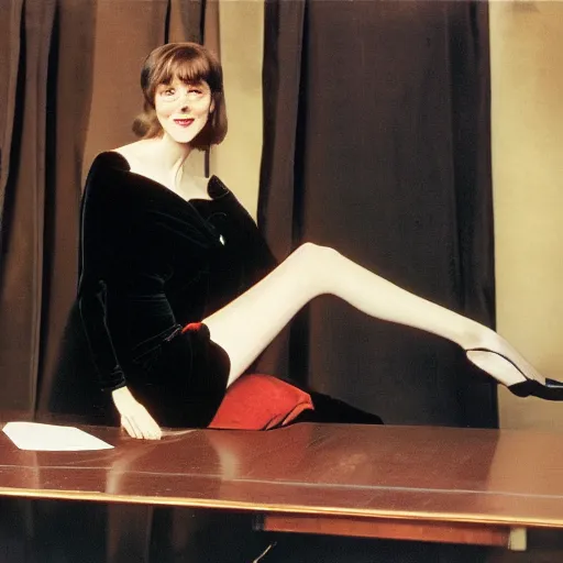 Image similar to Kodachrome long shot photograph of tall pale woman wearing velvet black dress with thin straps with pinned-back brown hair, looking to the side, leaning on a table, holding dress in a bunch. 8k Photograph. TIME Magazine.
