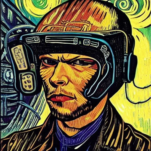 Image similar to Illustrated by Shepard Fairey and H.R. Giger | Cyberpunk Van Gogh with VR helmet, surrounded by cables