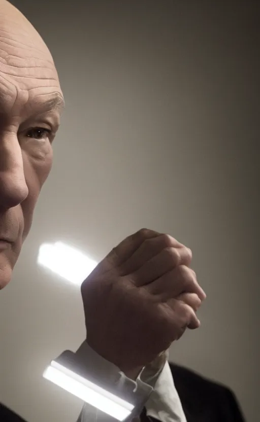 Prompt: Patrick Stewart as Professor X, backlit lighting, atmospheric