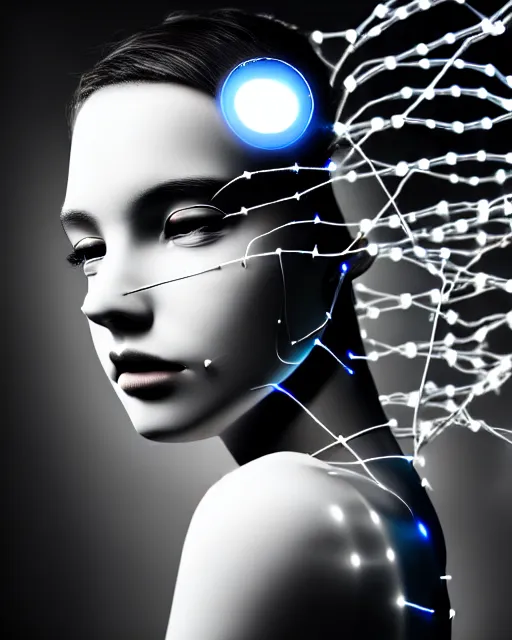 Image similar to black and white dreamy spiritual connected young female cyborg high quality photo, microchip, artificial intelligence, bio - mechanical bio - luminescence, black wired cables, neurons, nerve cells, cinematic, rim light, photo - realistic, elegant, high detail, 8 k, masterpiece, high fashion