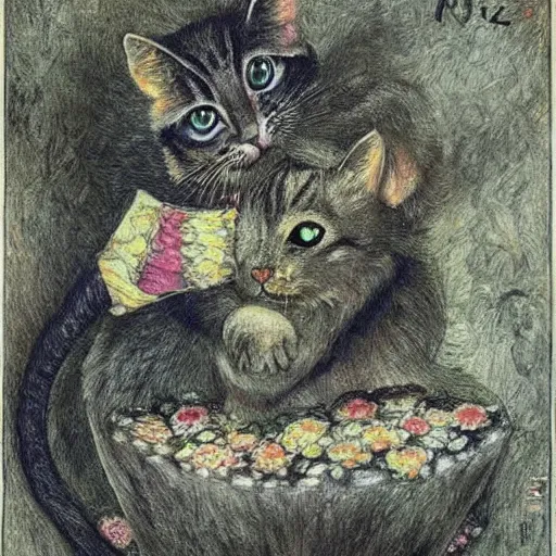 Prompt: a mouse and a cat, fantasy art, louis wain