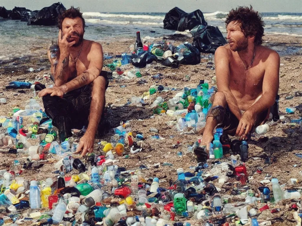 Image similar to lorenzo cherubini jovanotti alone crying surrounded by plastic bottles and garbage on a beach, polaroid color photo, ultra realistic