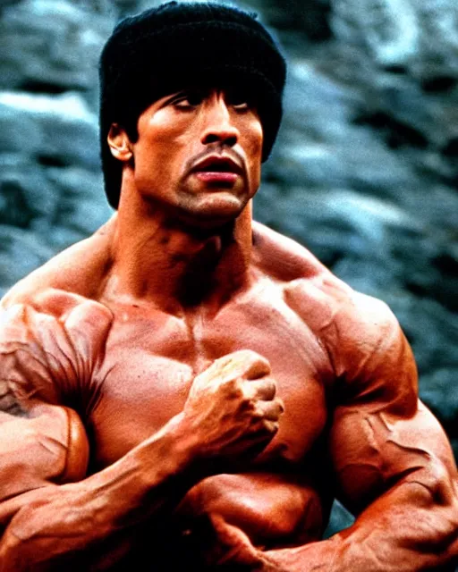 Image similar to Film still close-up shot of Dwayne Johnson as Rocky Balboa from the movie Rocky. Photographic, photography