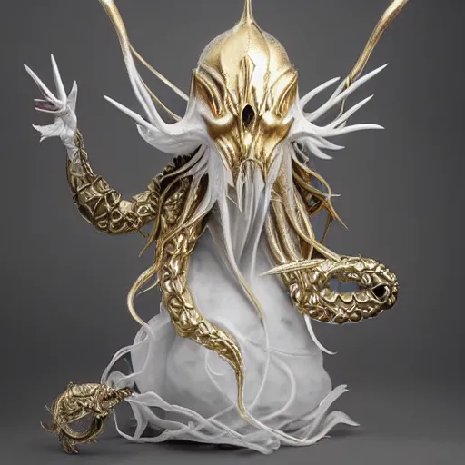 Image similar to angelarium, illithid, cthulhu, white with gold accents, sculpture by ellen jewett