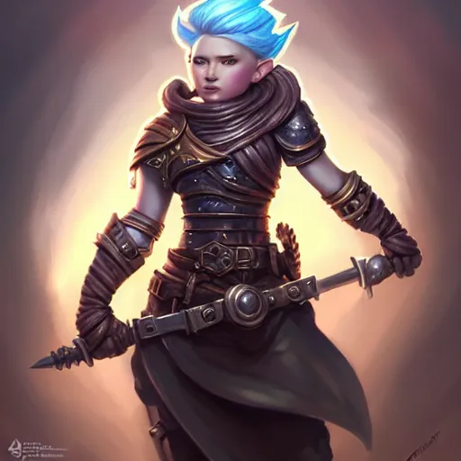 Prompt: muscular female gnome engineer artificer, metal gauntlet, black pixie undercut hairstyle, naval landscape, full body portrait, d & d, fantasy, intricate, elegant, highly detailed, digital painting, artstation, centred, rule of thirds, concept art, matte, sharp focus, illustration, cover by artgerm, art by greg rutkowski