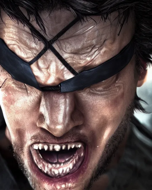 Image similar to solid snake portrait, cinematic lighting, anguished crying screaming yelling, mouth open, black atmospheric background, 4 k photography hdr