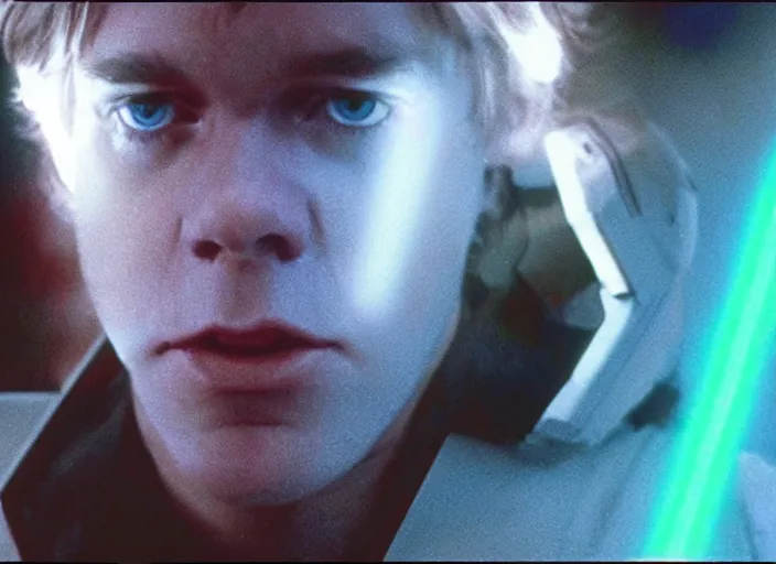 Image similar to screenshot from the lost star wars film, blue transparent hologram of Luke Skywalker, iconic scene from Star Wars, directed by Stanely Kubrick, moody cinematography, with anamorphic lenses, crisp, detailed, 4k