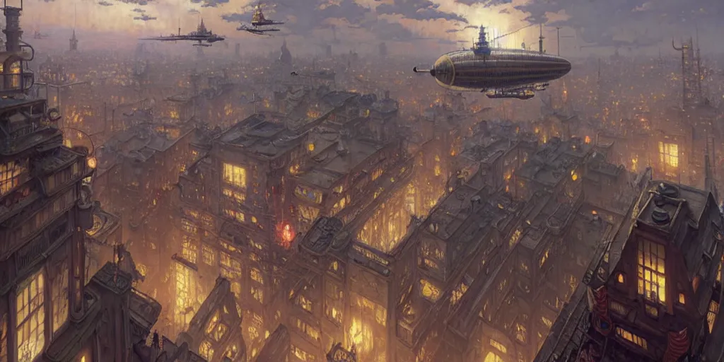 Image similar to steampunk airship above a busy city, exquisite details, denoised, mid view, by norman rockwell, karl kopinski, artsation, greg rutkowski, makoto shinkai, takashi takeuchi, studio ghibli