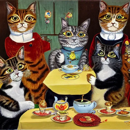 Prompt: a cat tea party by louis wain, 8k