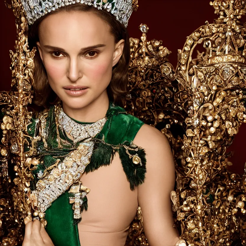 Image similar to natalie portman as the queen of england, big crown adorned with emerald, diamonds, topaz and other jewellaries, sensual, beautiful soft light failling on her face, studio photography, nikon 3 5 mm portrait photography, ultra realistic