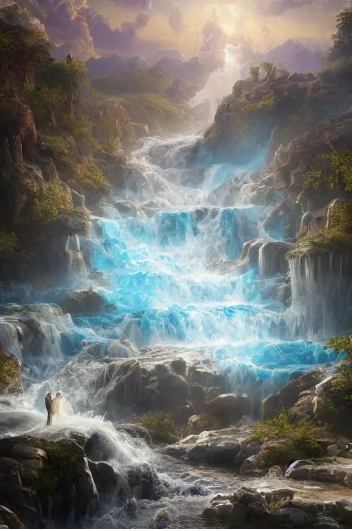Image similar to creation of the world and heaven with a river of the water of life, clear as crystal, flowing from the throne of god and of the lamb by daniel f. gerhartz and matt stewart, fantasy, photorealistic, octane render, unreal engine, dynamic lighting