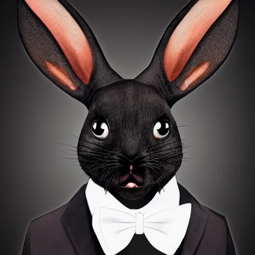 Image similar to A extremely highly detailed majestic hi-res beautiful, highly detailed head and shoulders portrait of a scary terrifying, horrifying, creepy black cartoon rabbit with a bowtie and scary big eyes, earing a shirt laughing, hey buddy, let's be friends, in the style of Walt Disney