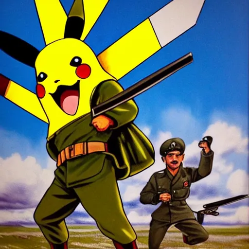 Image similar to pikachu fighting stalin in ww 2 uniform and a mustache, fighting in world war 2, photorealistic, high detail, realistic, sharp focus, smooth edges, soldiers in the background! black & white!, dramatic, sky on fire with dogfights in the sky. wide angle. painting by eugene de lacroix