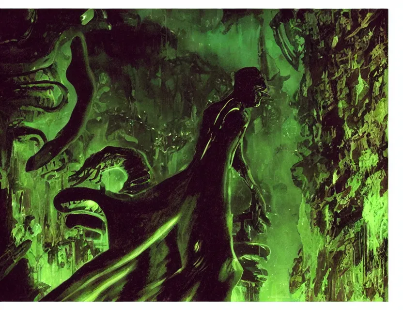 Image similar to a close - up view portrait of a silhouetted supernatural wizard in brutalist halls with metallic alien technology. close - up view, detailed textures. glowing green purple fog, dark black background. highly detailed fantasy science fiction painting by moebius, norman rockwell, frank frazetta, and syd mead. rich colors, high contrast