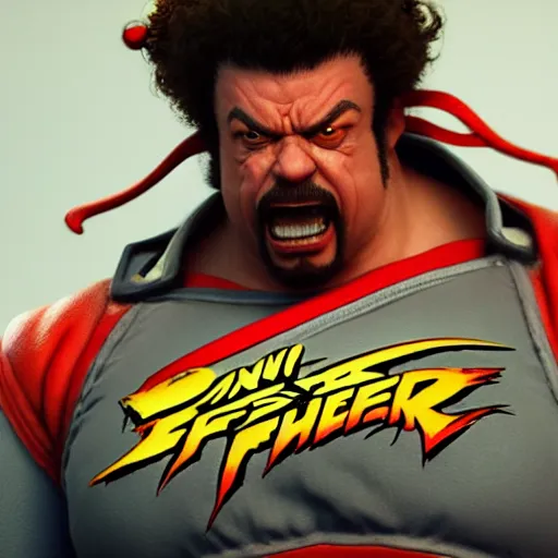 Image similar to danny mcbride as e. honda street fighter, yelling, ultra realistic, concept art, intricate details, highly detailed, photorealistic, octane render, 8 k, unreal engine, art by frank frazetta, simon bisley, brom