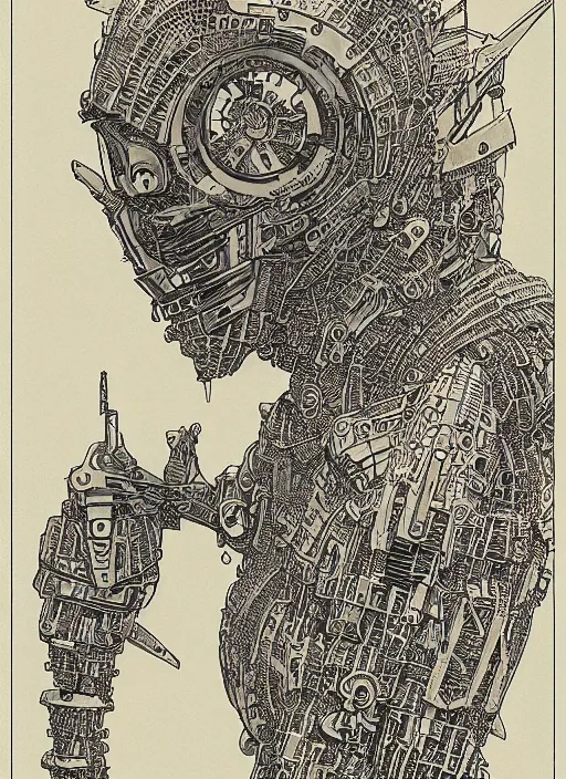 Image similar to 2 d illustration, grained risograph, vintage horror sci - fi portrait of a futuristic silver armored geisha district 9 cyborg, parallax, fractal, intricate, elegant, by jheronimus bosch and moebius, and szukalski