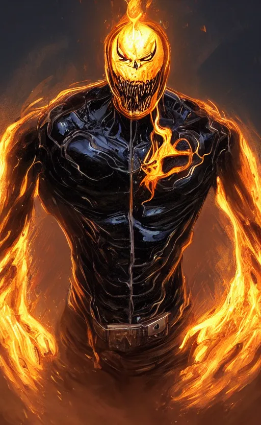 Image similar to venom as ghost rider, dynamic lighting, photorealistic fantasy concept art, trending on art station, stunning visuals, terrifying, creative, cinematic