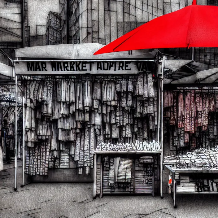 Prompt: close view of a market stall. folded umbrellas for sale on the stall. set in a square. background of an old soviet monument. storyboard, scifi cyberpunk. by gabriel hardman, joe alves, chris bonura. cinematic atmosphere, detailed and intricate, perfect anatomy