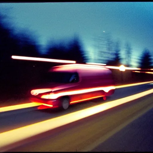 Image similar to A photograph of a 1999 Maroon Chevrolet Express driving on highway 411 in Perth, Ontario at night at 22:20, photograph taken in 2009 on a nokia flip phone