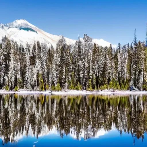 Image similar to a lovely forest, on an island in the middle of a magnificent lake with a mirror reflection of the forest, snow capped mountains in the backdrop, wide angle, high definition.