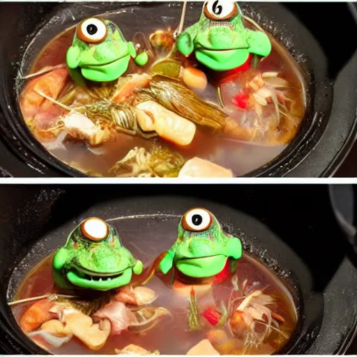 Prompt: conspiratorial toads cook chankonabe