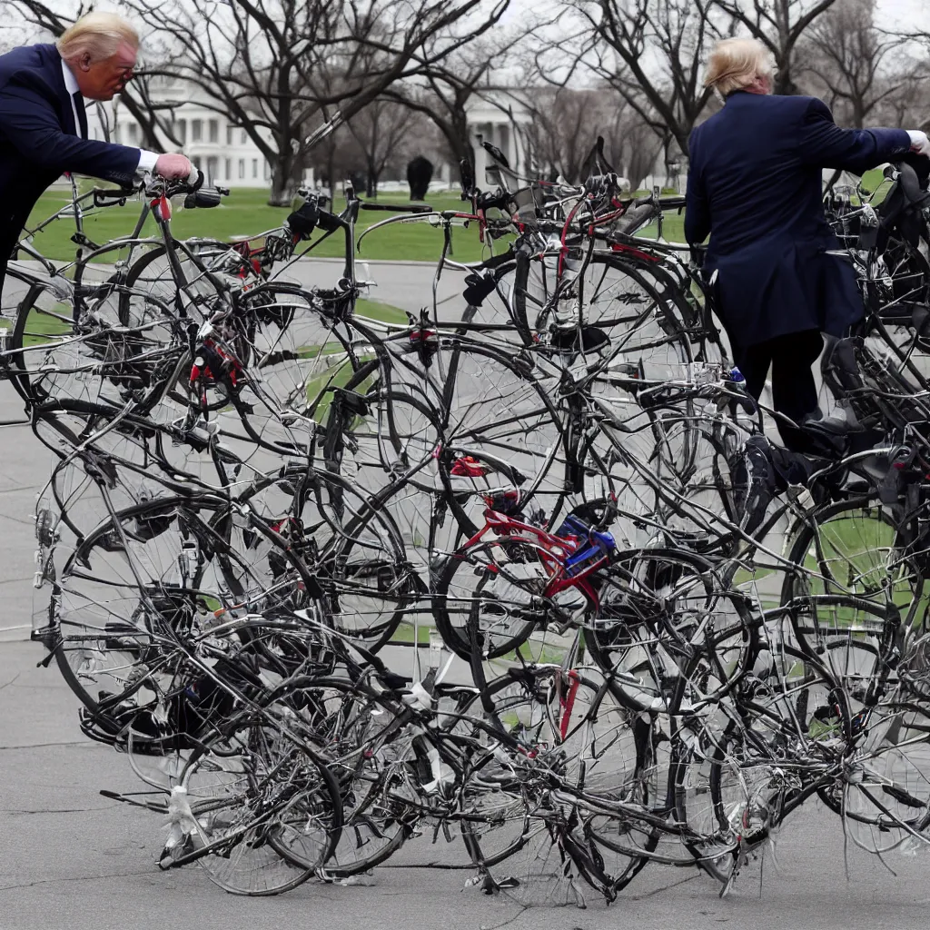 Prompt: trump repairs his bicycle outside the white house