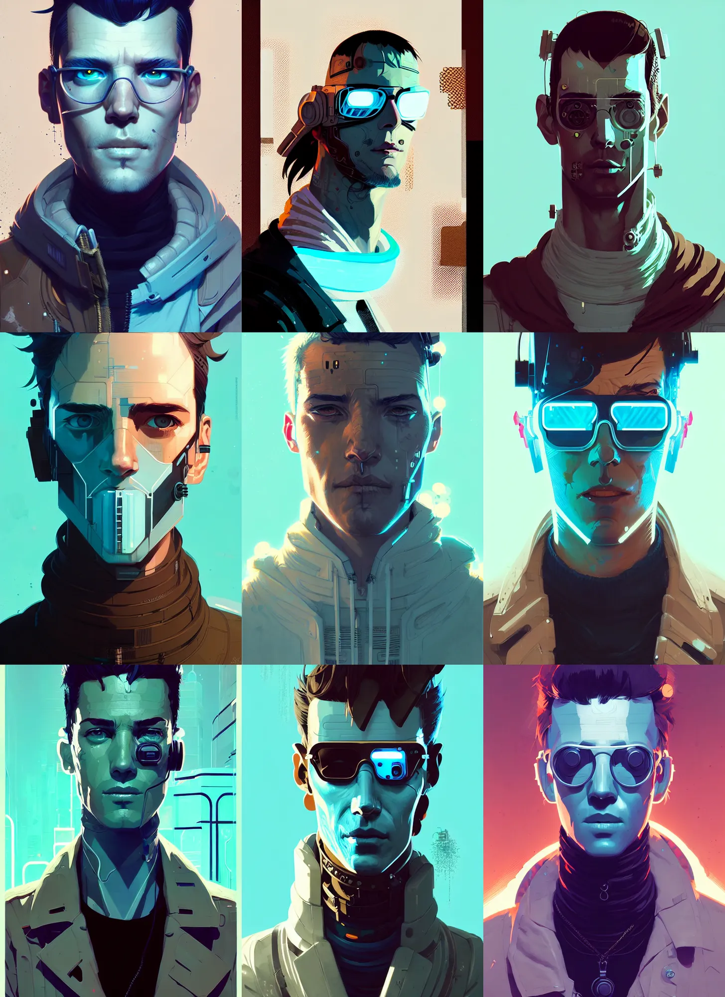 Prompt: highly detailed portrait cyberpunk man johnny silverhand, by atey ghailan, by greg rutkowski, by greg tocchini, by james gilleard, by joe fenton, by kaethe butcher, gradient light blue, brown, blonde cream and white color scheme, grunge aesthetic