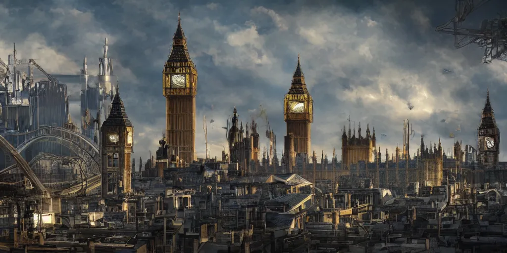 Prompt: a law firm representing the artificial intelligence collective against the big corporations who appropriate ethics, steampunk, london, big ben, dishonored, stylized, 8 k, uhd.