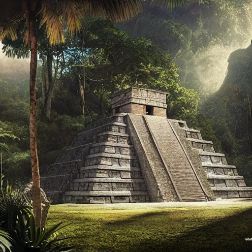Prompt: mayan temple in the jungle, by tom bagshaw, by rembrandt, sunlit, hdrmist, octane render, photorealism