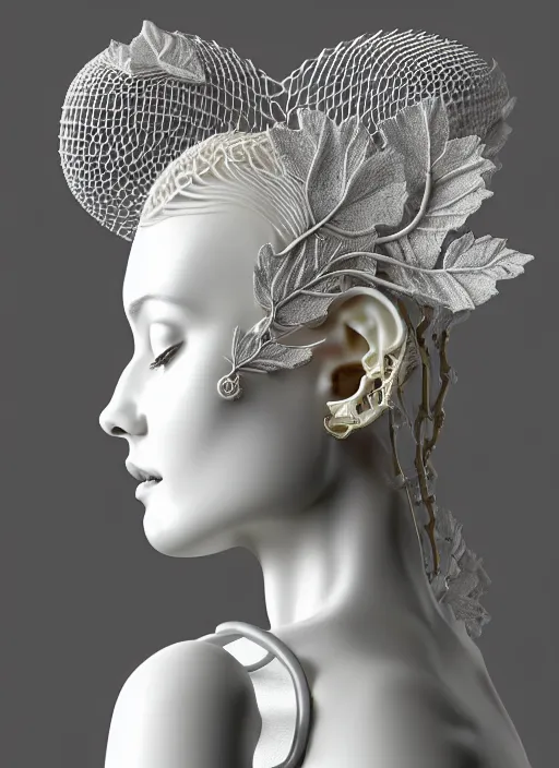 Prompt: complex 3d render ultra detailed of a beautiful porcelain profile woman face, mechanical cyborg, 150 mm, beautiful natural soft light, rim light, silver gold details, magnolia big leaves and stems, roots, fine foliage lace, maze like, mesh wire, intricate details, hyperrealistic, ultra detailed, mandelbrot fractal, anatomical, white metal neocubism armor, facial muscles, cable wires, microchip, elegant, octane render, H.R. Giger style, 8k