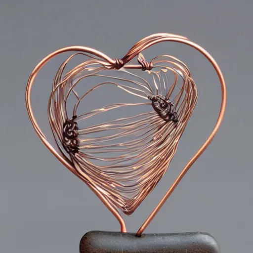 Prompt: a very beautiful tiny human heart organic sculpture made of copper wire and threaded pipes, very intricate, curved. studio lighting, high resolution, high quality, black background