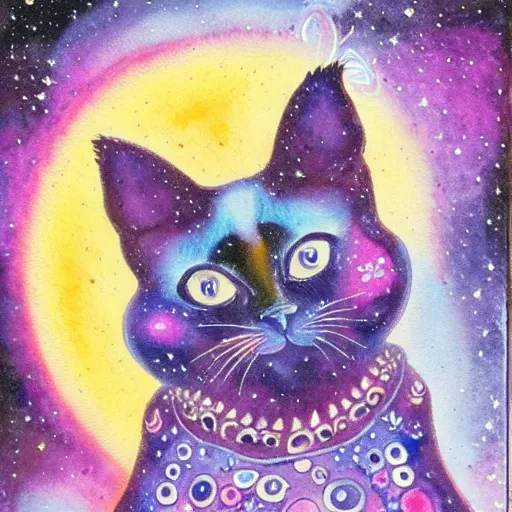 Prompt: a cosmic Siamese cat with galaxies swirling in her eyes, watercolor by Louis William Wain,