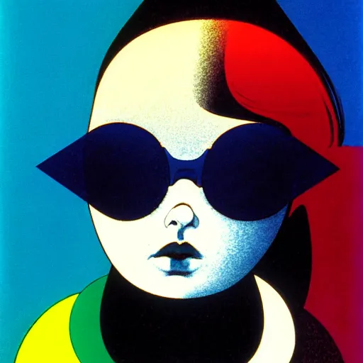 Prompt: a chubby young goth girl an asymmetrical ombre mohawk wearing oversized euro glasses and a leather jacket. high key, anaglyph lighting, detailed character design, melancholic flat bauhaus geometric minimalism by oskar schlemmer, moebius, nagel, john berkey, oil on canvas, portrait facial head, featured on artstation, hd wallpaper, anime art nouveau