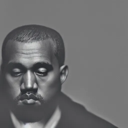 Image similar to a ( ( chiaroscuro lighting portrait ) ) of kanye west dressed as teddy bear mascot, black background, portrait by julia margaret cameron, shallow depth of field, 8 0 mm, f 1. 8