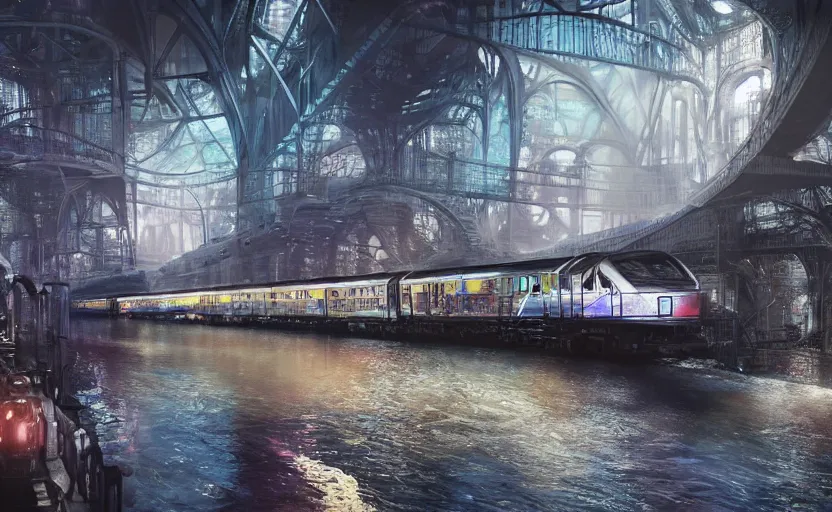 Image similar to An urban train rides inside of a waterway on a fantasy city, hyperrealistic mixed media, stunning 3d render inspired art by P. Craig Russell and Barry Windsor-Smith + perfect facial symmetry + dim volumetric lighting, 8k octane beautifully detailed render, post-processing, extremely hyperdetailed, intricate futuristic mechanic parts, epic composition, grim yet sparkling atmosphere, cinematic lighting + masterpiece, trending on artstation