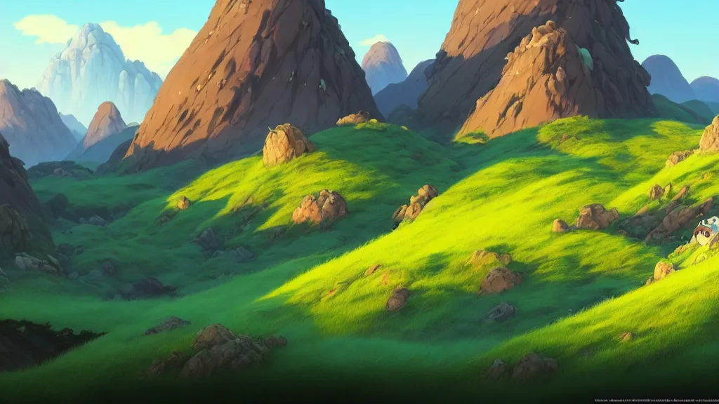 Prompt: hills and mountains landscape, studio ghibli, pixar and disney animation, sharp, rendered in unreal engine 5, highly detailed, digital painting, artstation, concept art, smooth, sharp focus, illustration, wide angle, artbook, wallpaper, splash art, promo art, dramatic lighting, art by artgerm and greg rutkowski and bo chen and jin xiaodi
