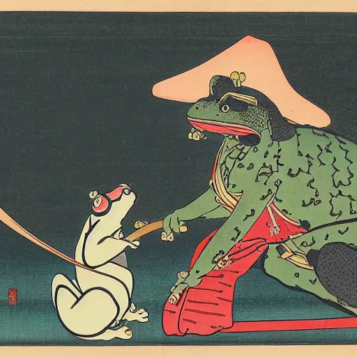 Image similar to Ukiyo-e of a samurai frog out walking his pet cat