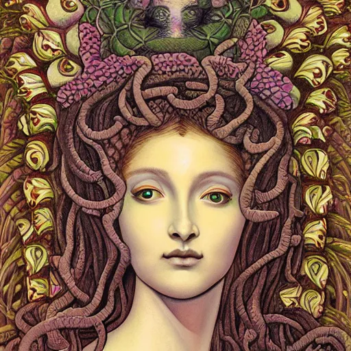 Prompt: detailed, portrait of medusa looking into space, surrounded by lotus flowers and geometry