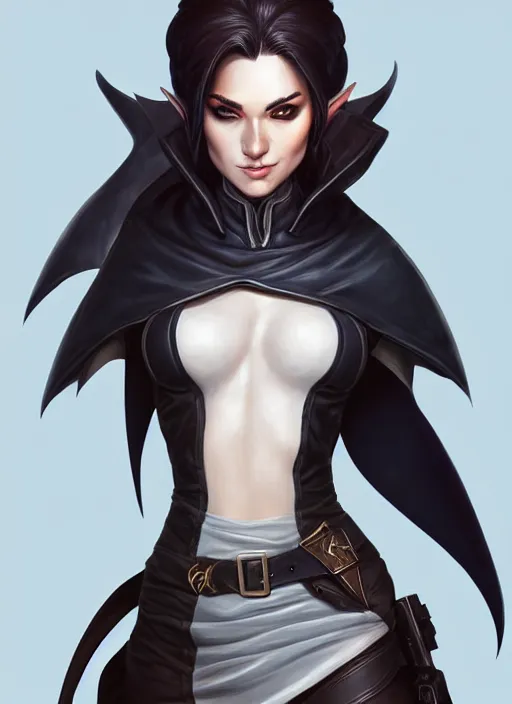 Prompt: side full body portrait of female rogue, elf, white skin, black ponytail, short leather coat, high fantasy, dnd, face details, extremely detailed, smooth, sharp focus, digital illustration, by artgerm, rossdraws, sakimichan