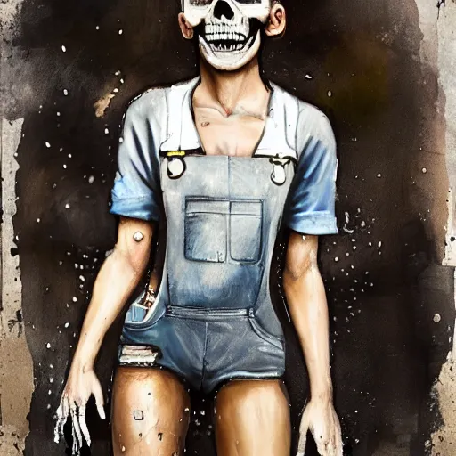 Prompt: full body pose, mixed media painting of a grungy skull woman with buzzed white air, soft eyes and narrow chin, dainty figure, torn overalls, short shorts, combat boots, basic white background, side boob, wet tshirt, wet, raining portrait, extremely hyper - detailed, intricate, epic composition, very detailed, masterpiece, stunning,