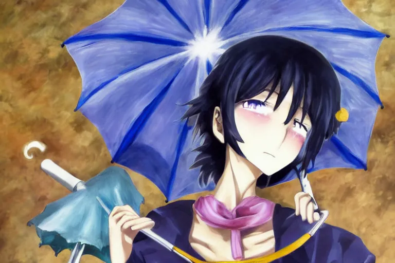 Prompt: mayuri shiina from steins gate, beautiful anime, oil painting, holding a umbrella, watching the stars, cuta anime, in blue dress, with okabe rintarou