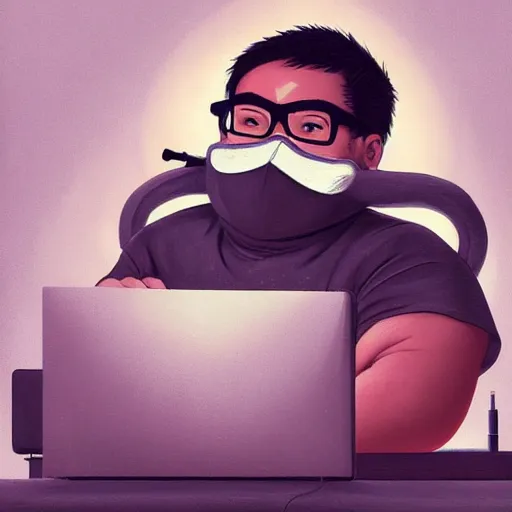 Image similar to an insanely detailed painting of a chubby nerdy asian man wearing a homemade superhero costume and mask, sitting at a computer desk typing on the keyboard, in the style of peter mohrbacher, dramatic lighting and composition, trending on artstation, concept art, comic book, graphic novel, back view