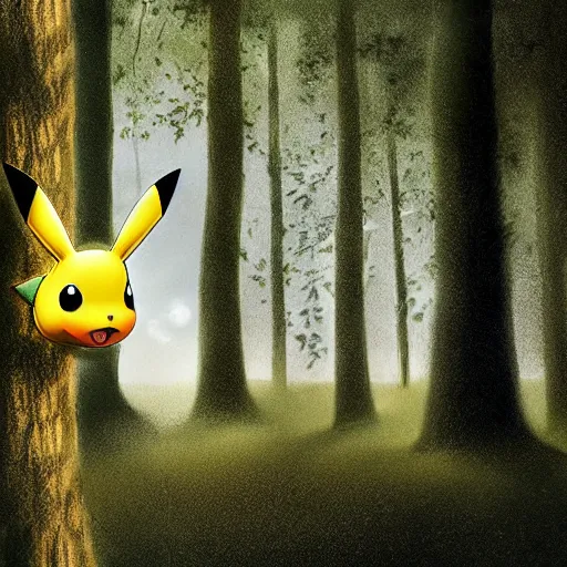 Prompt: very very intricate photorealistic photo of pikachu peeking through a tree in a forest, photo is in focus with detailed atmospheric lighting, award - winning details